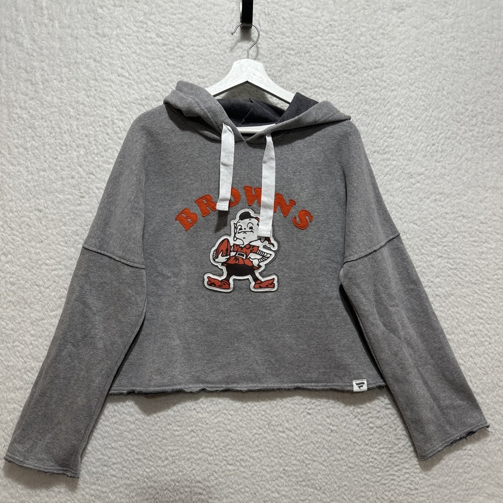Fanatics Heathered Gray Cleveland Browns Cropped Raw Edge Pullover Hoodie Size L